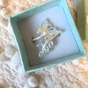 Butterfly Ring with Sparkle and Silver Leaf Design.